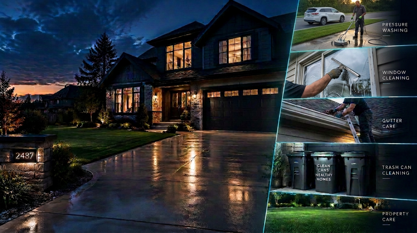 Home exterior maintenance services in action — pressure washing, window cleaning, gutter care and trash can cleaning