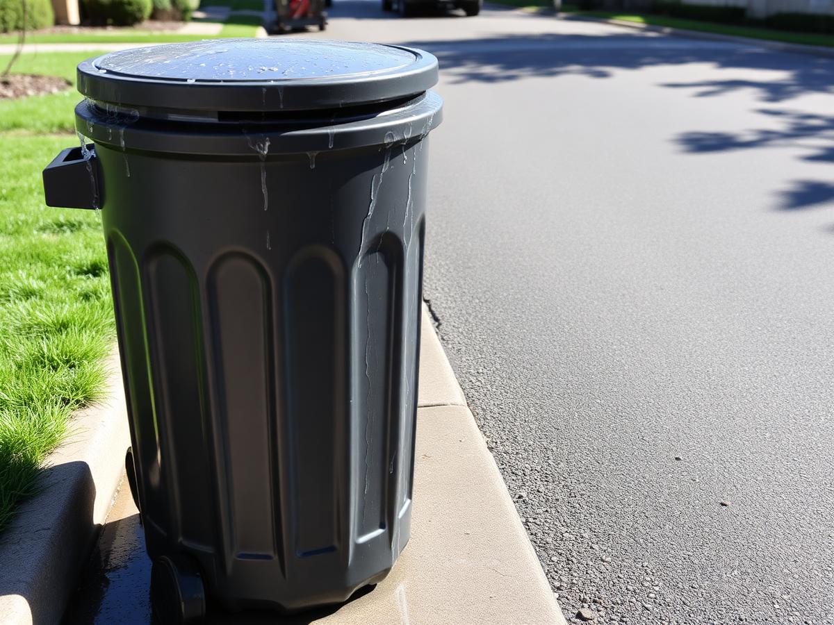 Freshly washed residential trash can at the curb