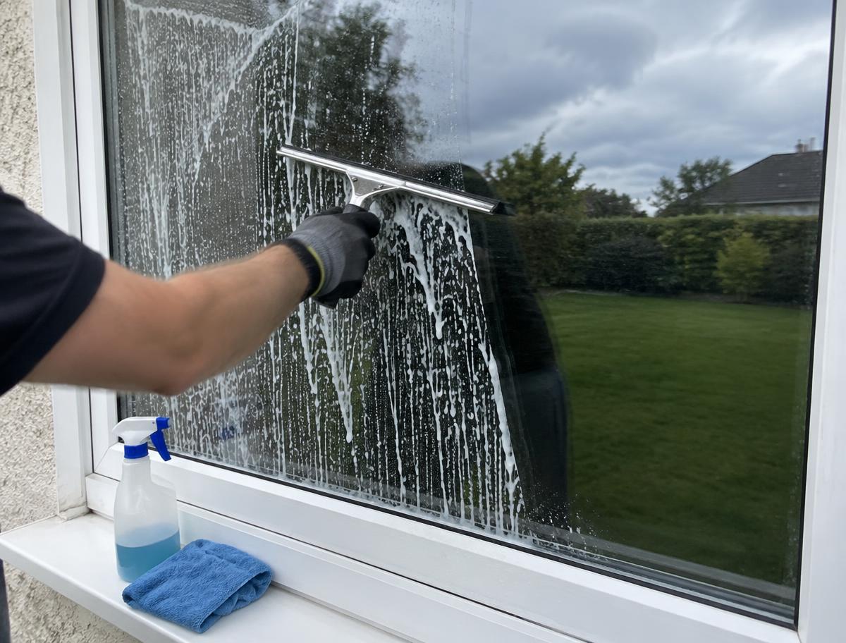 Squeegee pulling soapy water off a clean residential window pane